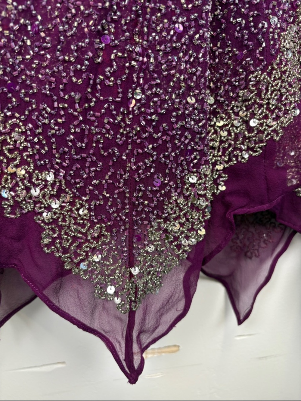 Scala Beaded Sequin Dress Purple Handkerchief Hem Cocktail Formal Size Small - Picture 9 of 10